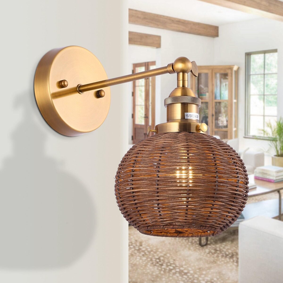 1-Light Traditional Rattan Golden Wall Sconce Light - Image 4