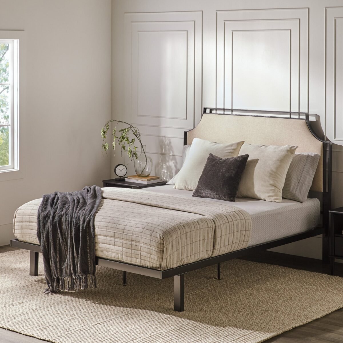 Mimi Upholstered Traditional Metal Queen Bed - Image 1