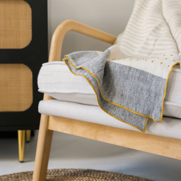 Handcrafted 100% Linen Ivory Throw Blanket with Grey Stripes - 50" x 70" Elegant Home Decor