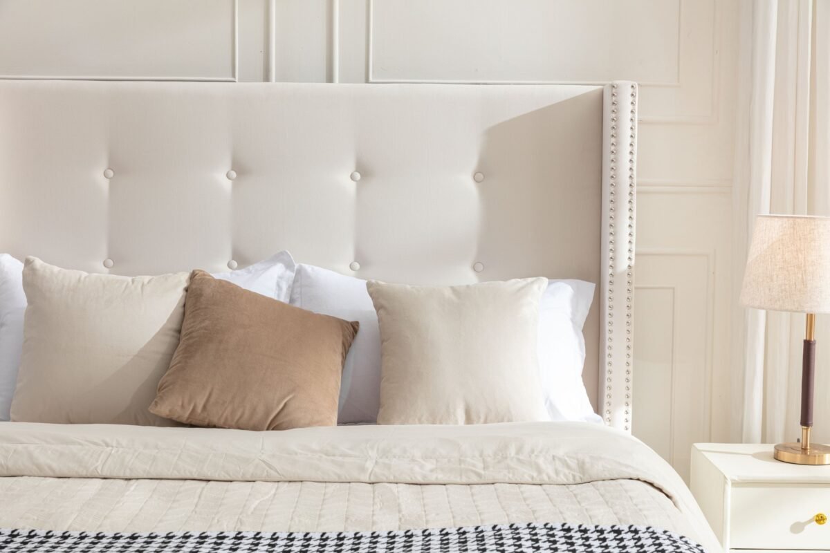 Walker Edison | Traditional Peyton Upholstered 54" High Headboard King Bed - Image 2
