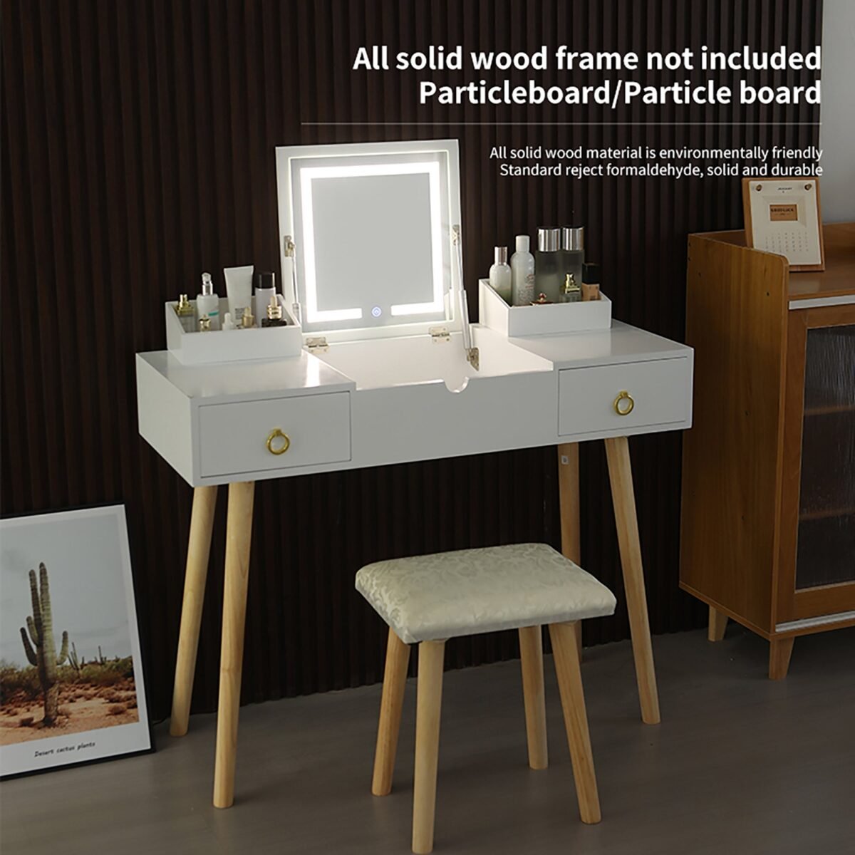 Walker Edison | Vanity Desk Set with LED Lighted Mirror - Image 9