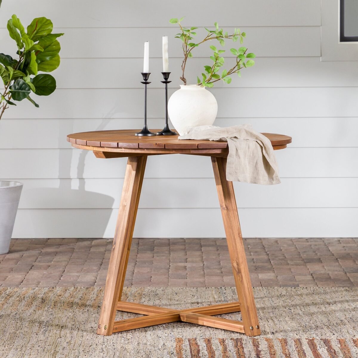 Prenton Modern Slat-Top Patio Round Dining Table - Image 7