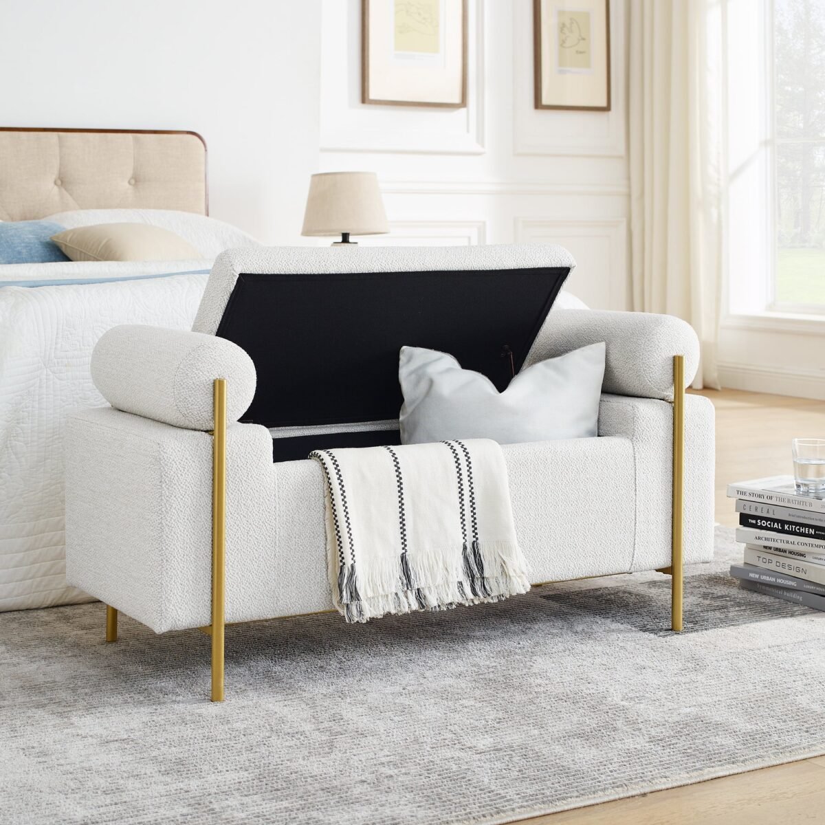 Walker Edison | Minimalist Upholstered Linen Storage Bench - Image 2