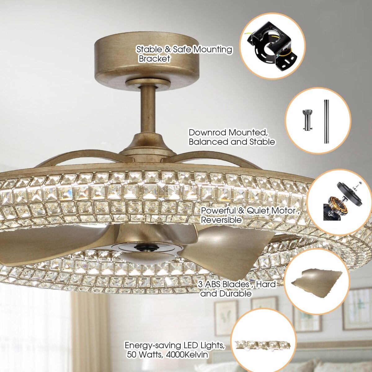 33" Modern DC Motor Crystal Ceiling Fan with Lighting and Remote Control - Image 5