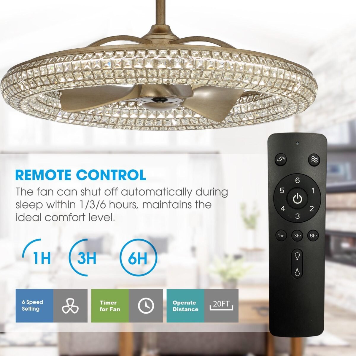 33" Modern DC Motor Crystal Ceiling Fan with Lighting and Remote Control - Image 8