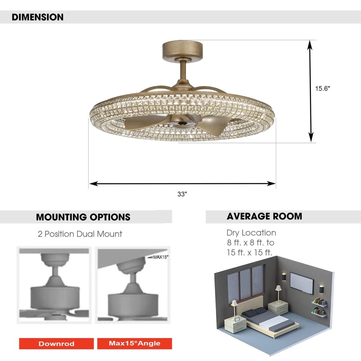 33" Modern DC Motor Crystal Ceiling Fan with Lighting and Remote Control - Image 9