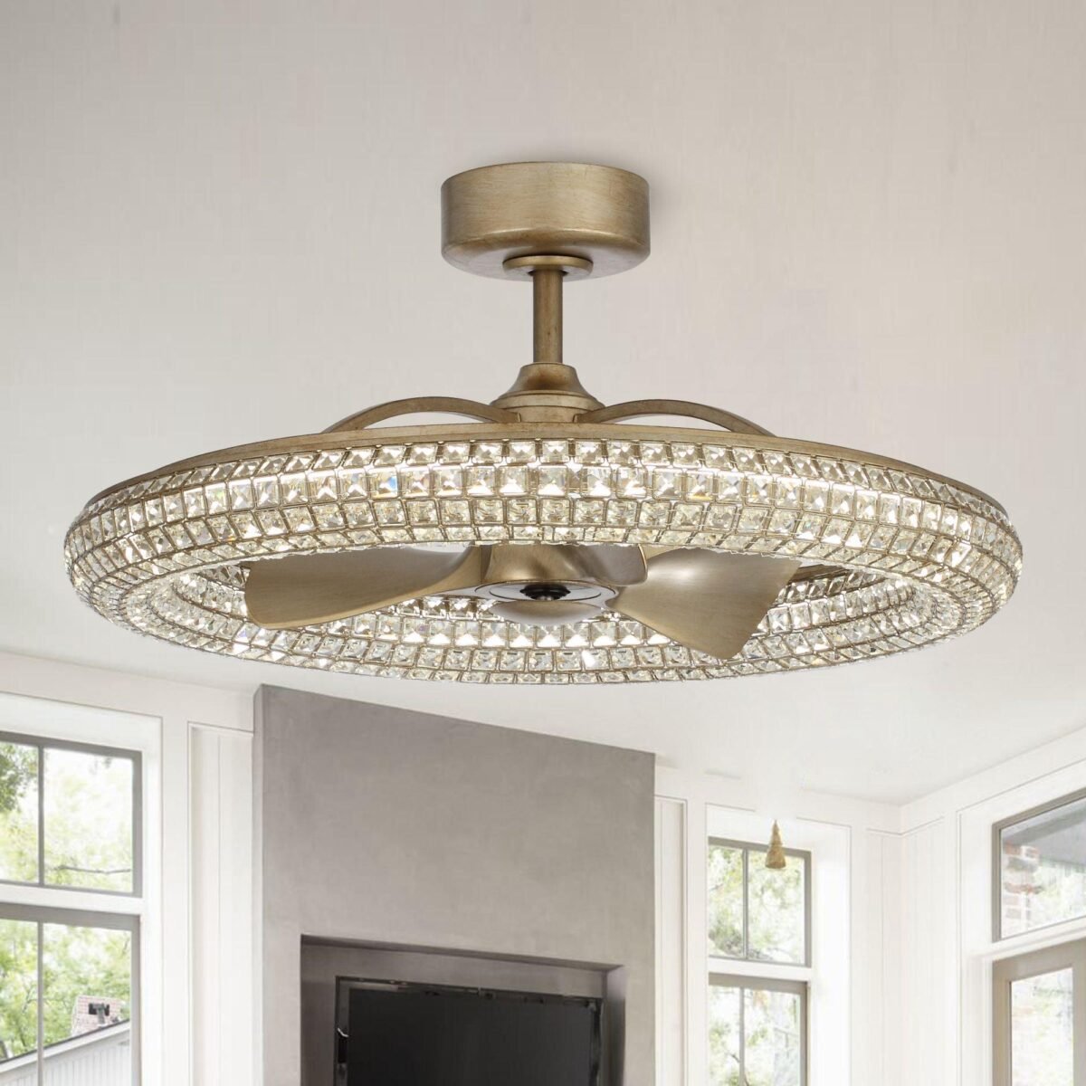33" Modern DC Motor Crystal Ceiling Fan with Lighting and Remote Control - Image 3