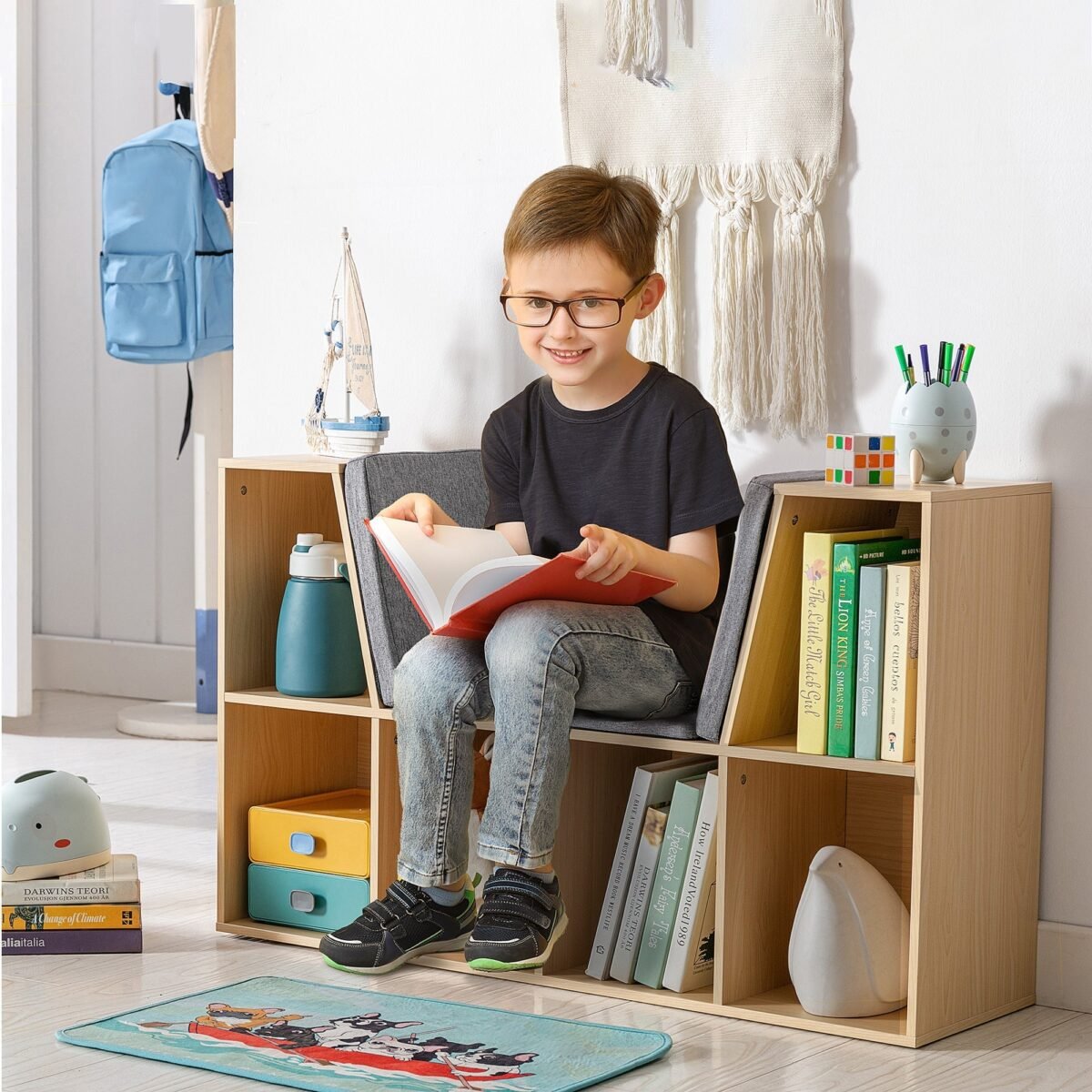 Walker Edison | Modern 6 Cubby Natural Wood Reading Nook Bench - Image 1