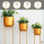 Metal Planters In Gold With Stand, Set Of 3 - Image 3