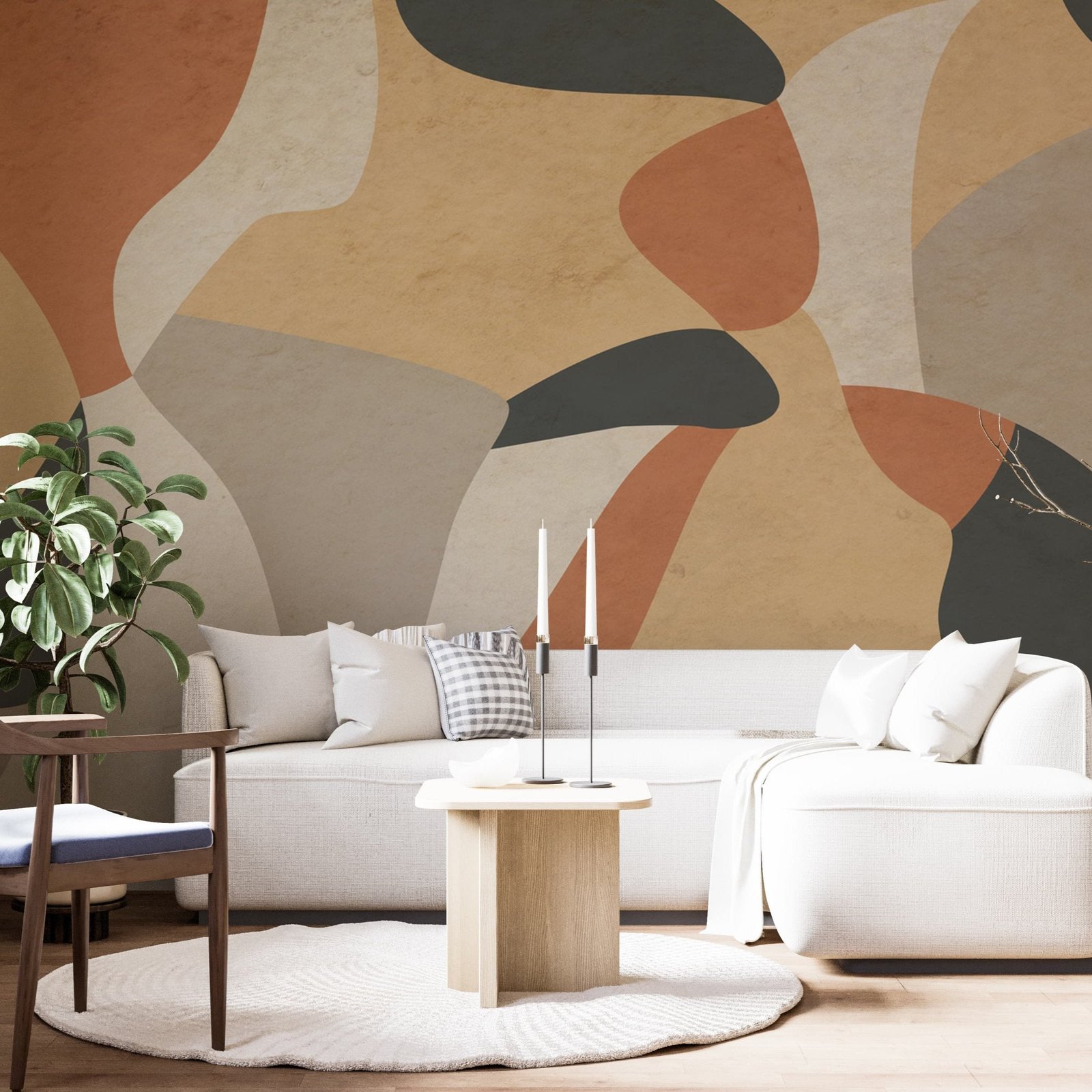 Modern Abstract Wallpaper - Organic Earth Tones with Flowing Shapes Wall Mural - Image 1