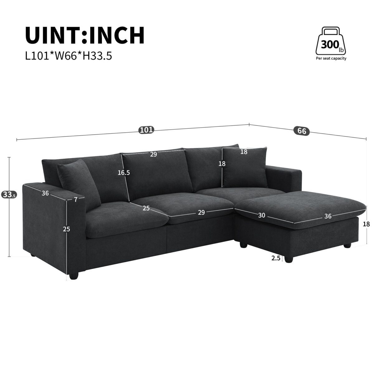 Walker Edison | Chenille Black Modern L-shape Sectional Sofa Ottoman - Image 4