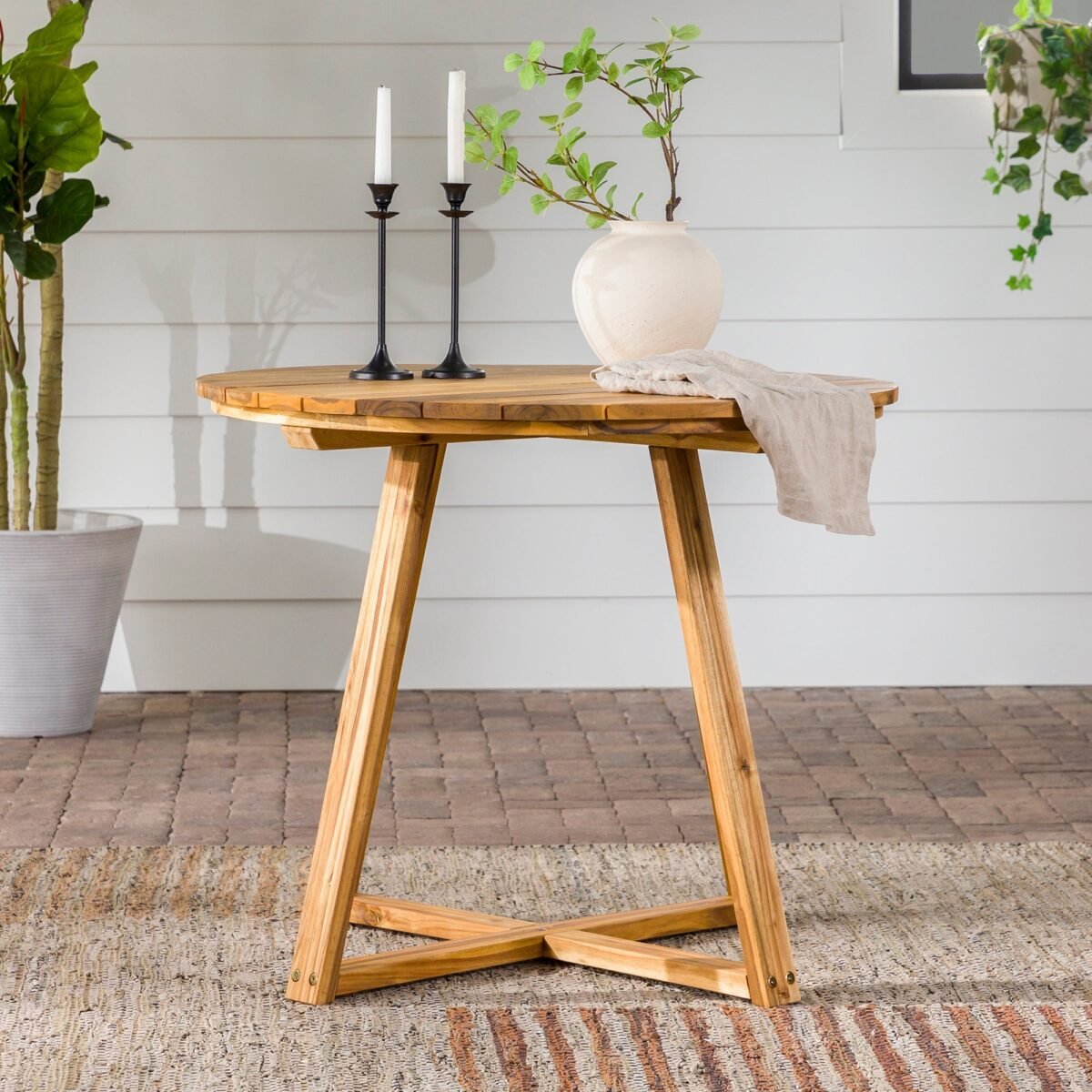 Prenton Modern Slat-Top Patio Round Dining Table - Image 2