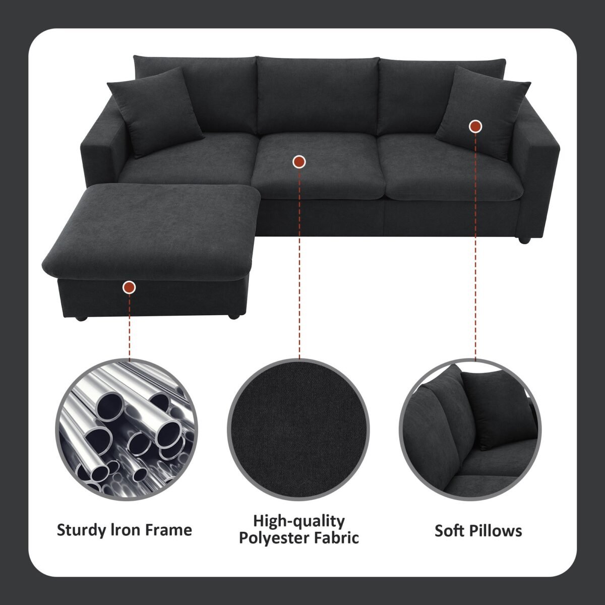 Walker Edison | Chenille Black Modern L-shape Sectional Sofa Ottoman - Image 6