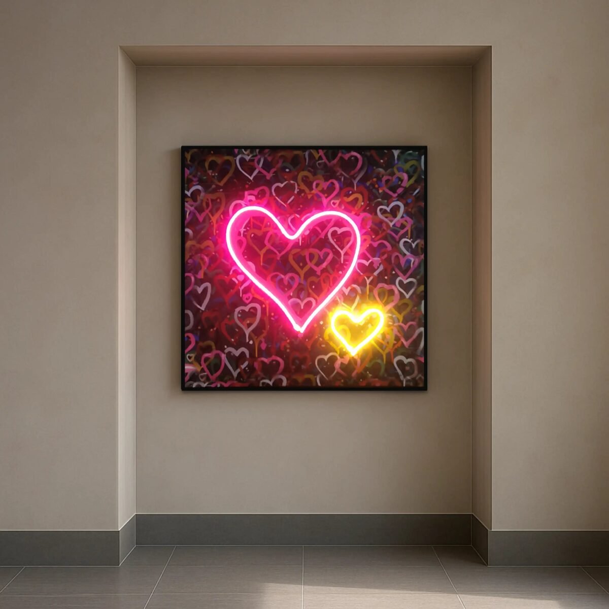 Banksy Hearts Street Art | LED Canvas | Pink Neon Heart Wall Décor - Image 1