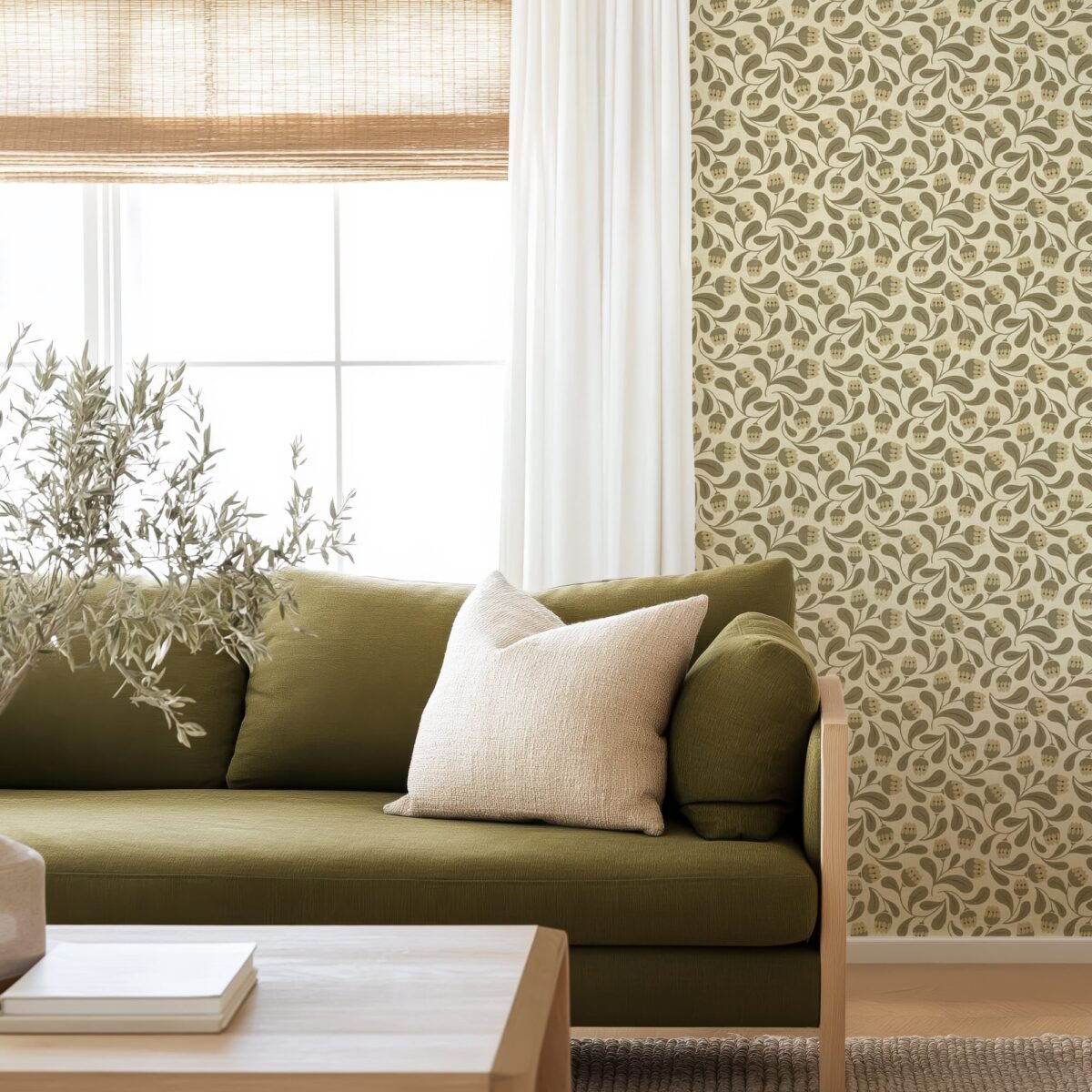 Whimsical Bloom Wallpaper - Soft Green & Cream Floral - Image 3