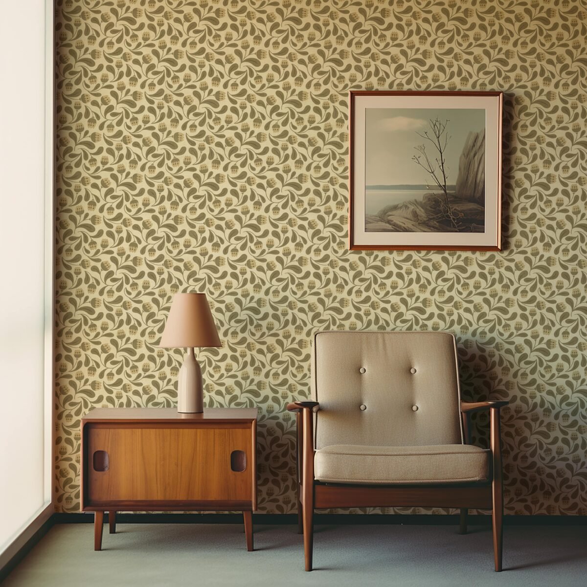 Whimsical Bloom Wallpaper - Soft Green & Cream Floral - Image 1