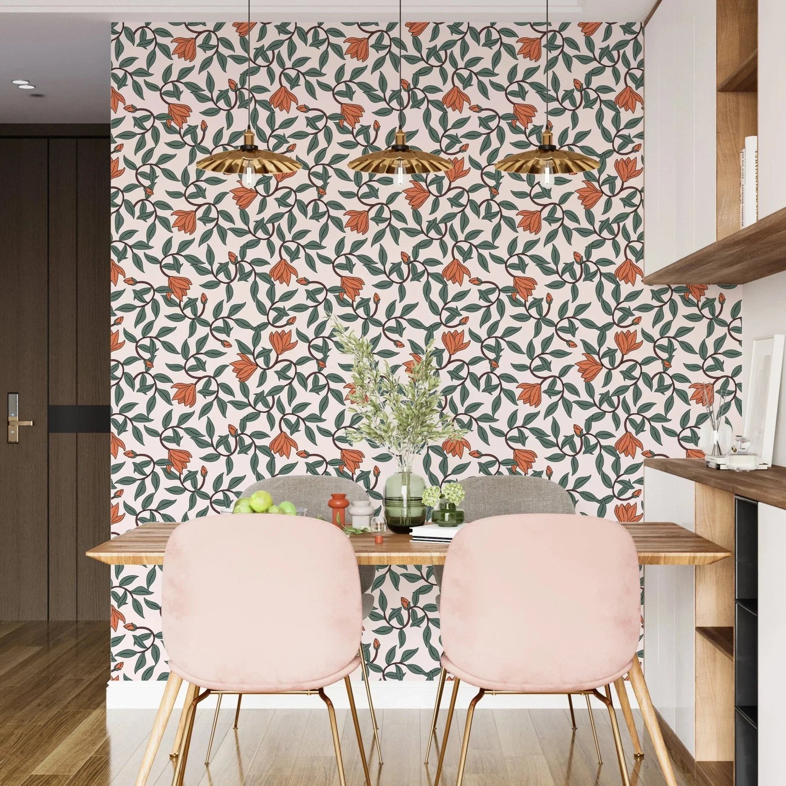 Art Nouveau Wallpaper - Retro  Botanical Design with Orange Blooms - Image 3
