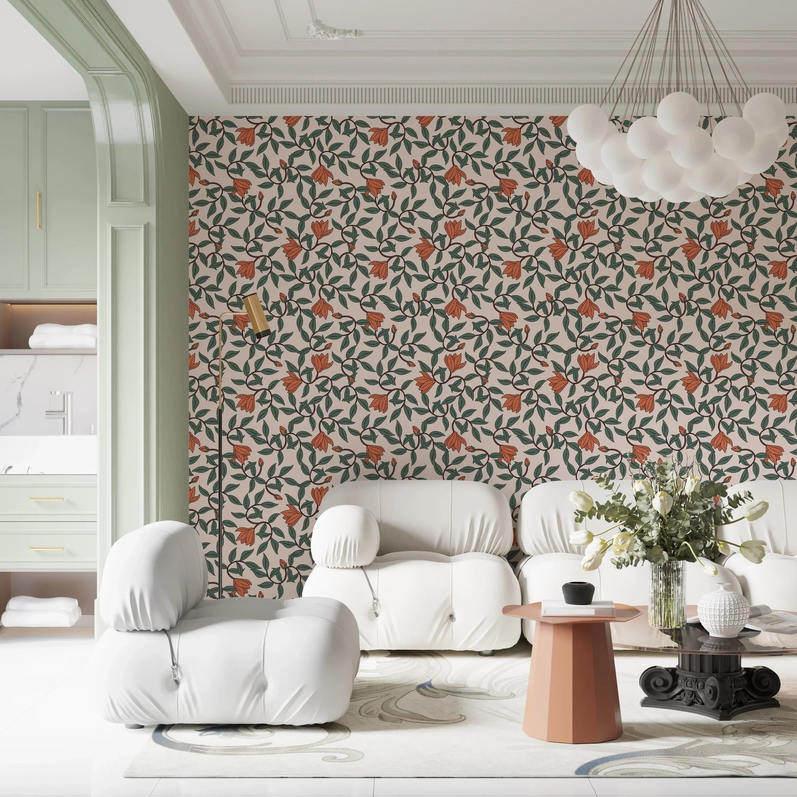Art Nouveau Wallpaper - Retro  Botanical Design with Orange Blooms - Image 4