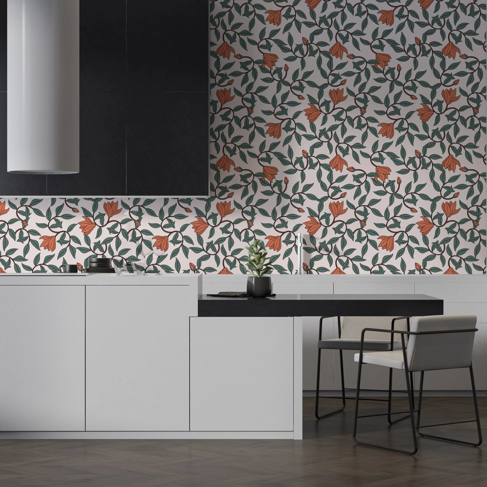 Art Nouveau Wallpaper - Retro  Botanical Design with Orange Blooms - Image 5