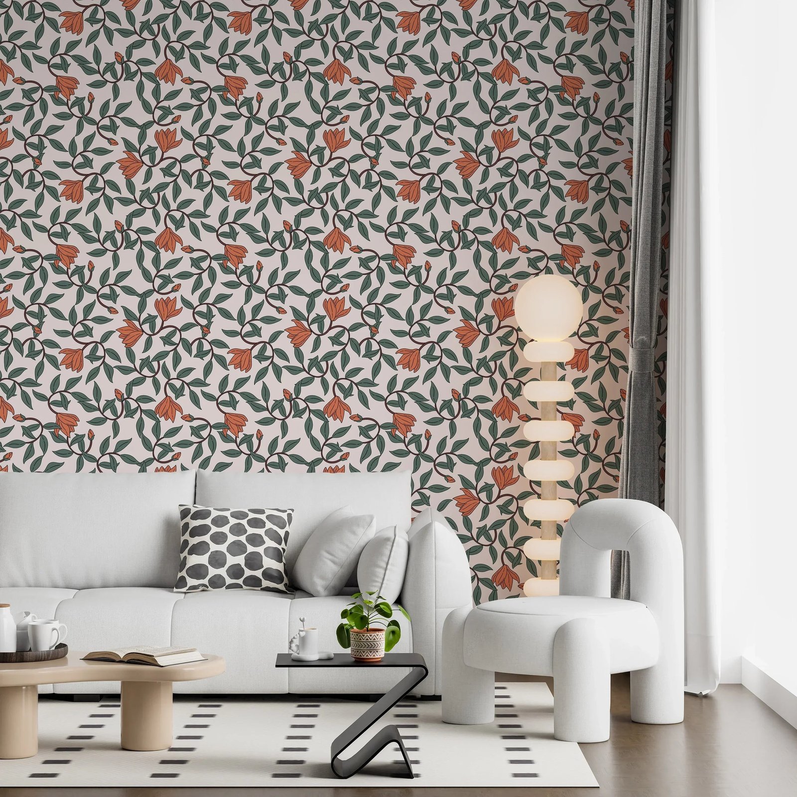 Art Nouveau Wallpaper - Retro  Botanical Design with Orange Blooms - Image 6