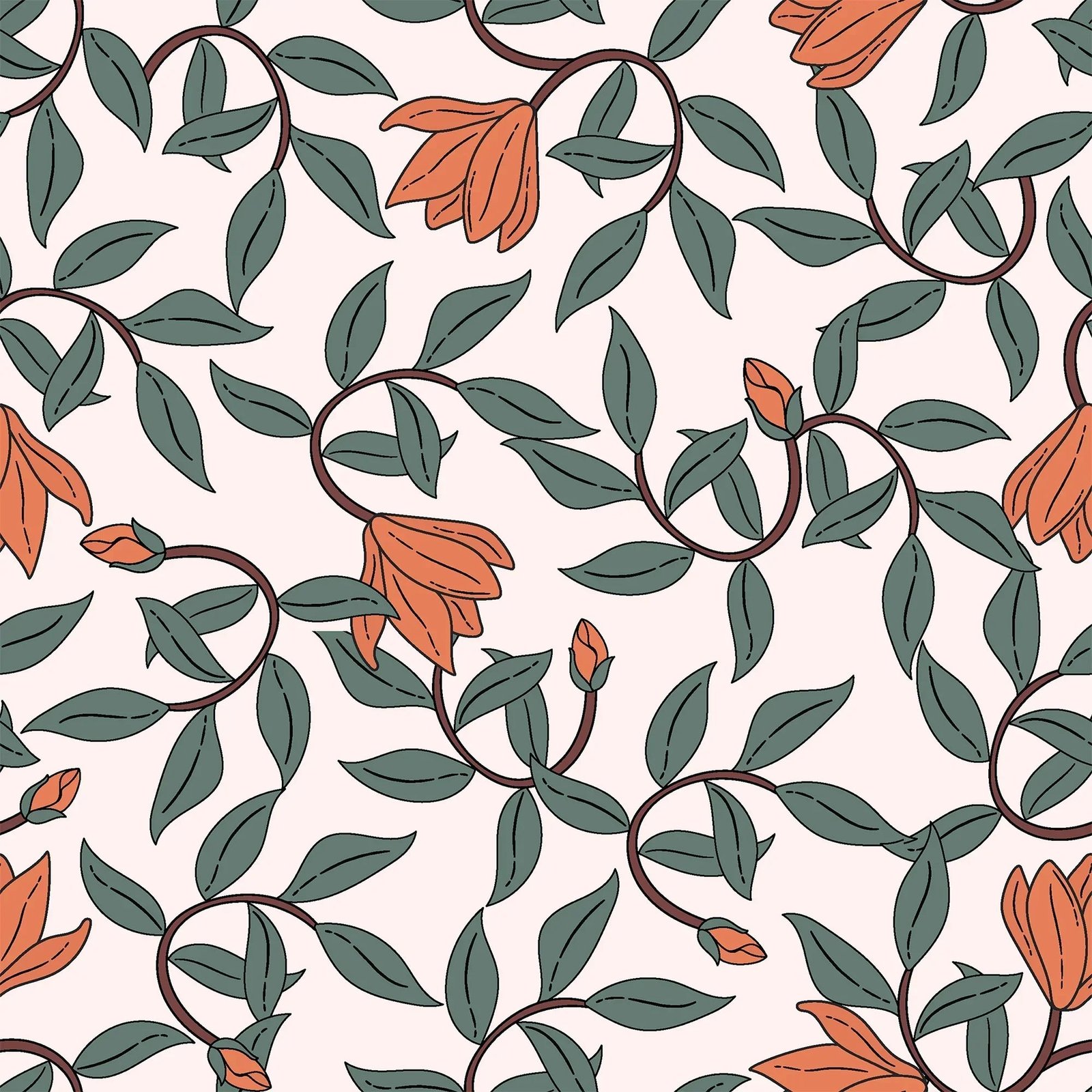 Art Nouveau Wallpaper - Retro  Botanical Design with Orange Blooms - Image 2