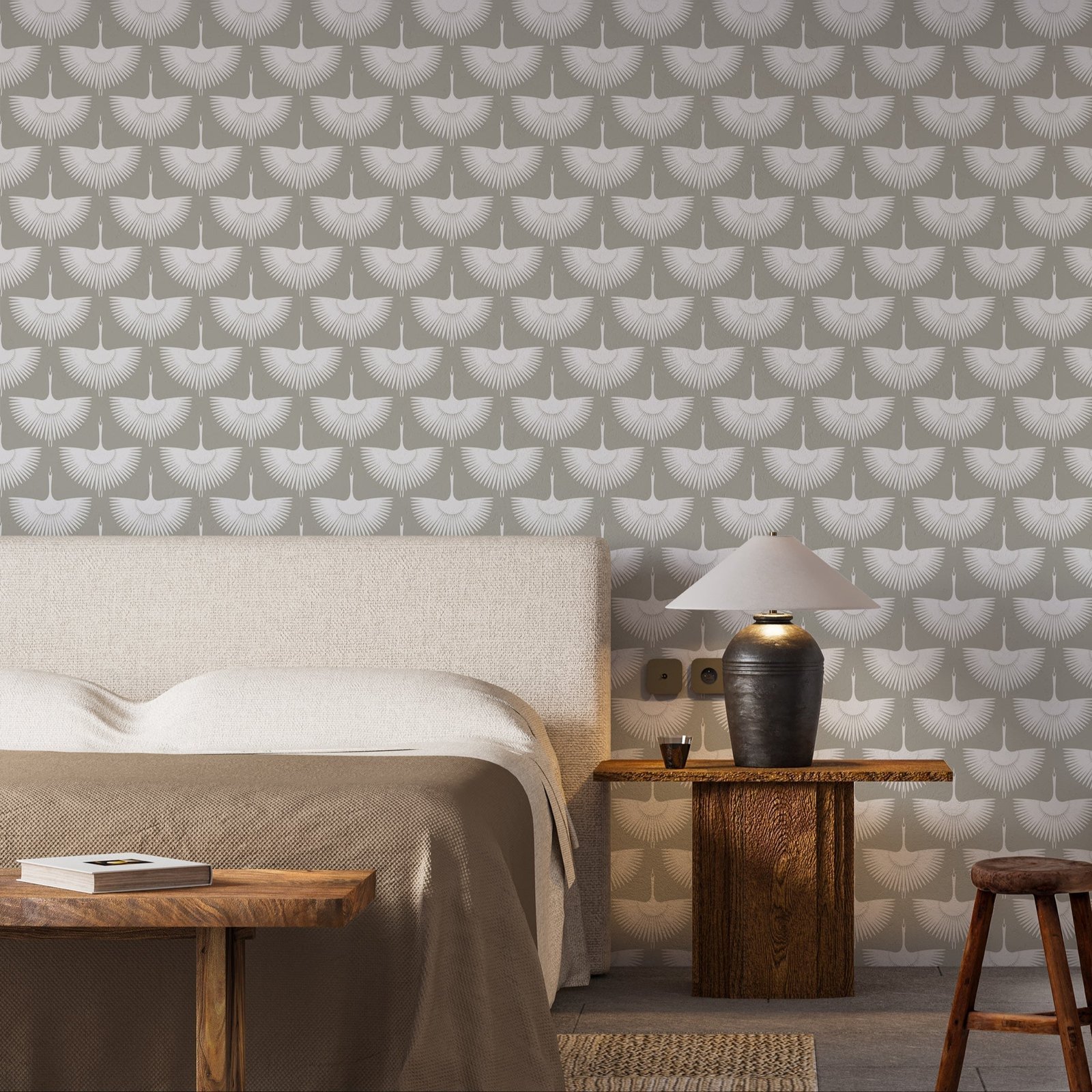 Beige_Background_Japanese_Flying_Swan_Motif_5_c55df3c0-9620-476c-b592-5b77e52e10bc-1 Japanese Swan Wallpaper Peel and Stick - Image 1