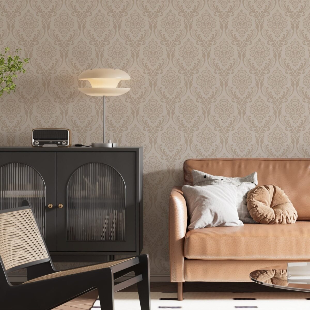 Premium Beige Damask Wallpaper - Image 1