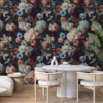 Moody Floral Wallpaper with Dark and Elegant Roses, Dahlias, and Anemones