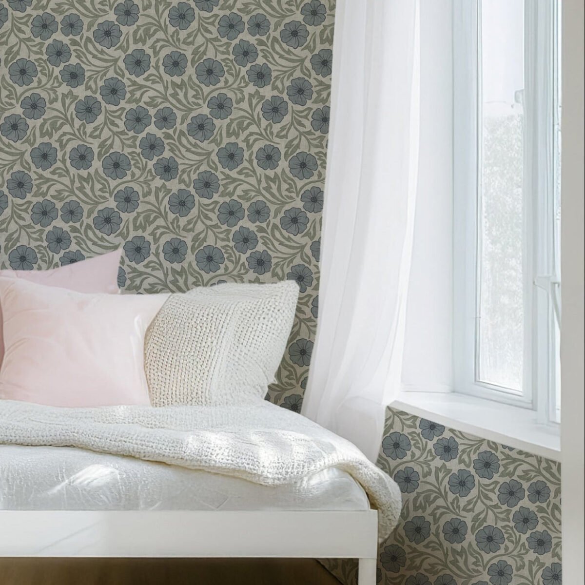 Blue and Green Linen Flowers Wallpaper | Hand-Drawn Vintage Floral - Image 1