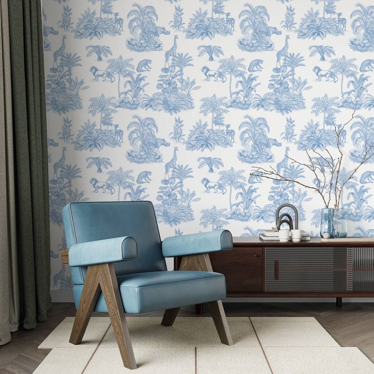 Blue Safari Toile Wallpaper - Jungle Animals in Classic Style - Image 1