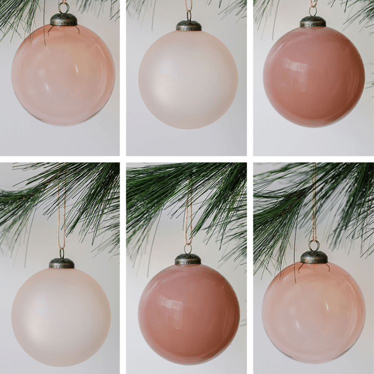 Blush-Ornaments-2 Set of 6 4-Inch Vintage Rose Glass Ornaments in Matte & Shiny Finishes for Holiday Decor - Image 1