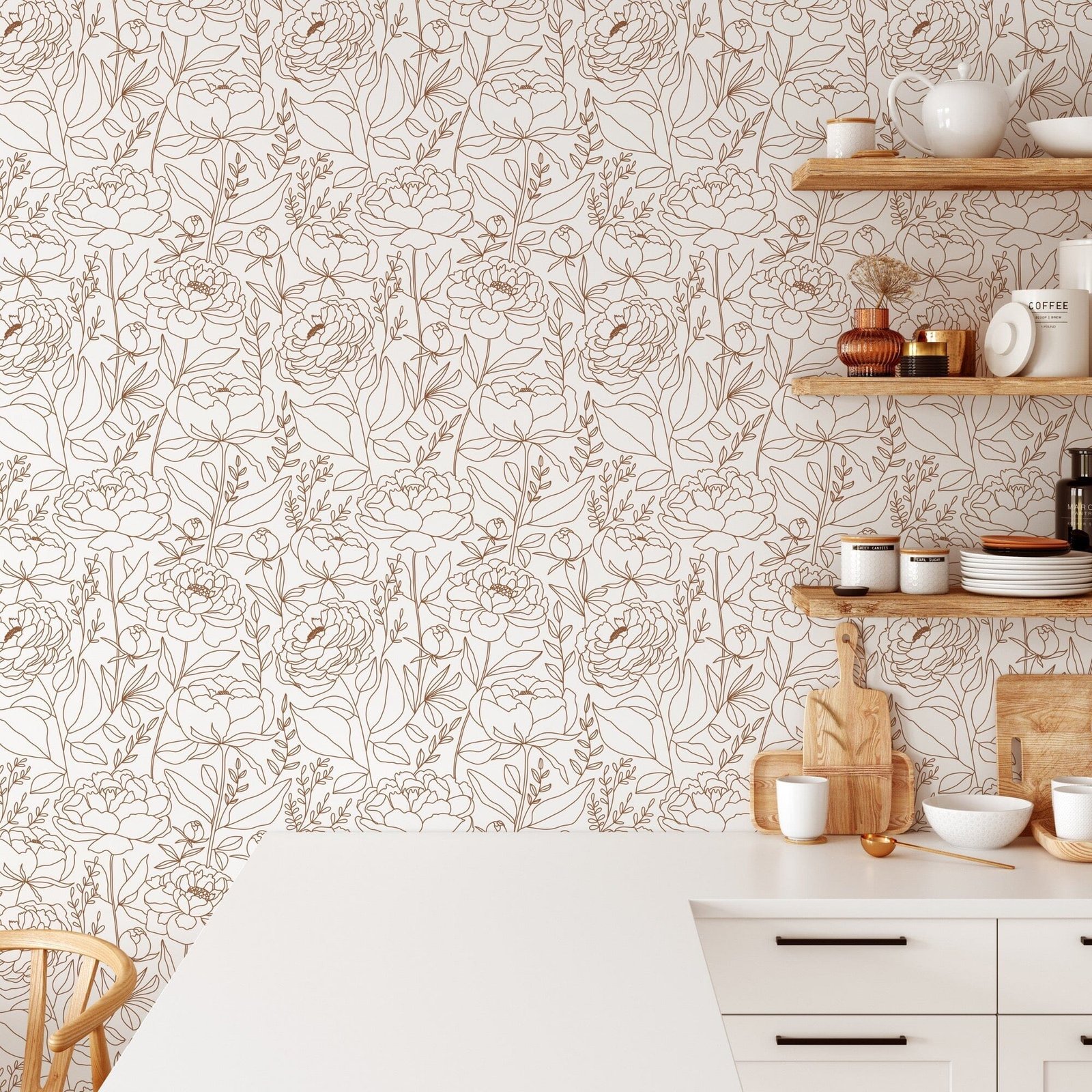 BranchandLeavesintrendystyle2_a136a1e5-ffd9-4fa3-a2f6-fb1f283f33ab Line Flower Mural Wallpaper - Image 1