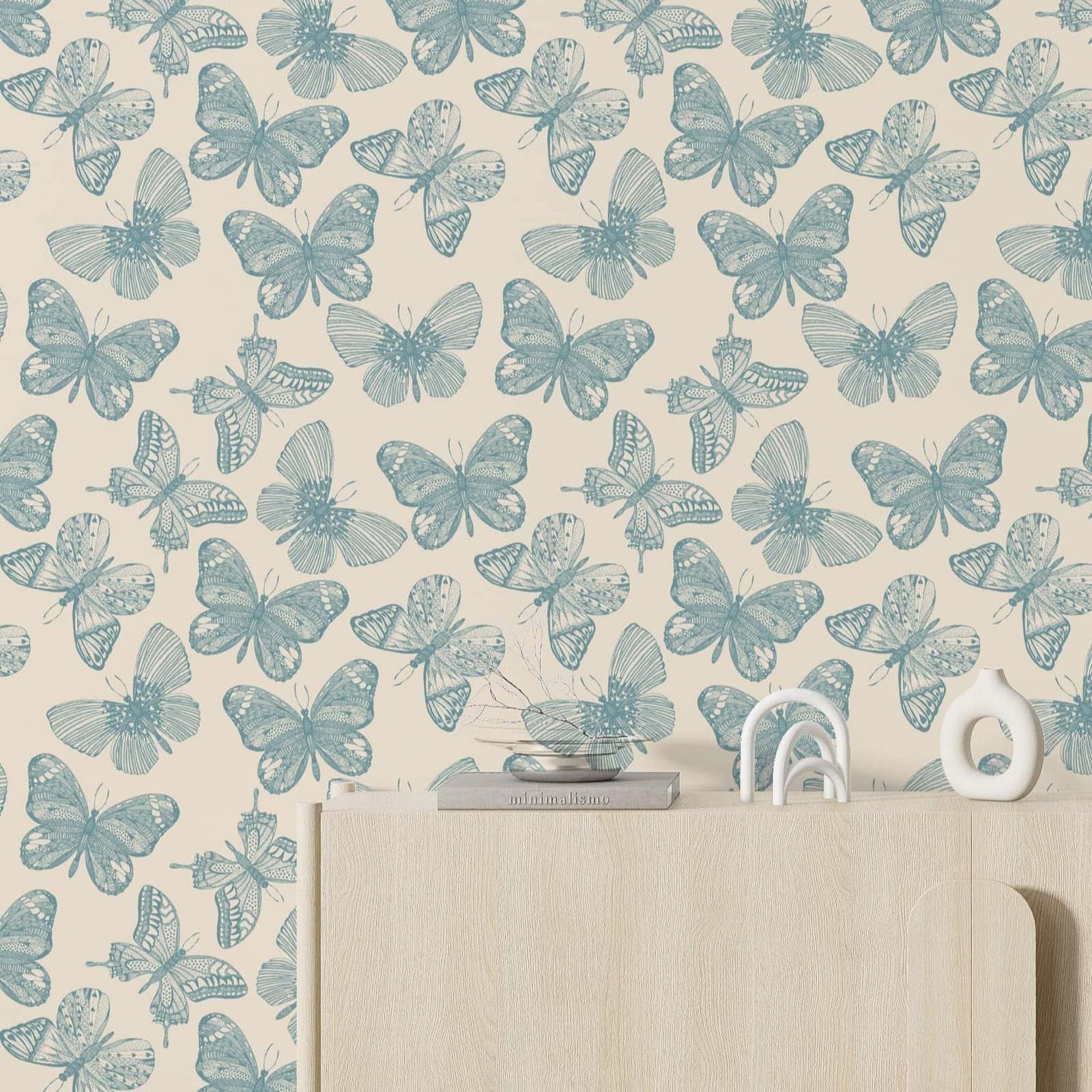 Whimsical Butterfly Wallpaper - Soft Blue Vintage Wallpaper - Image 1