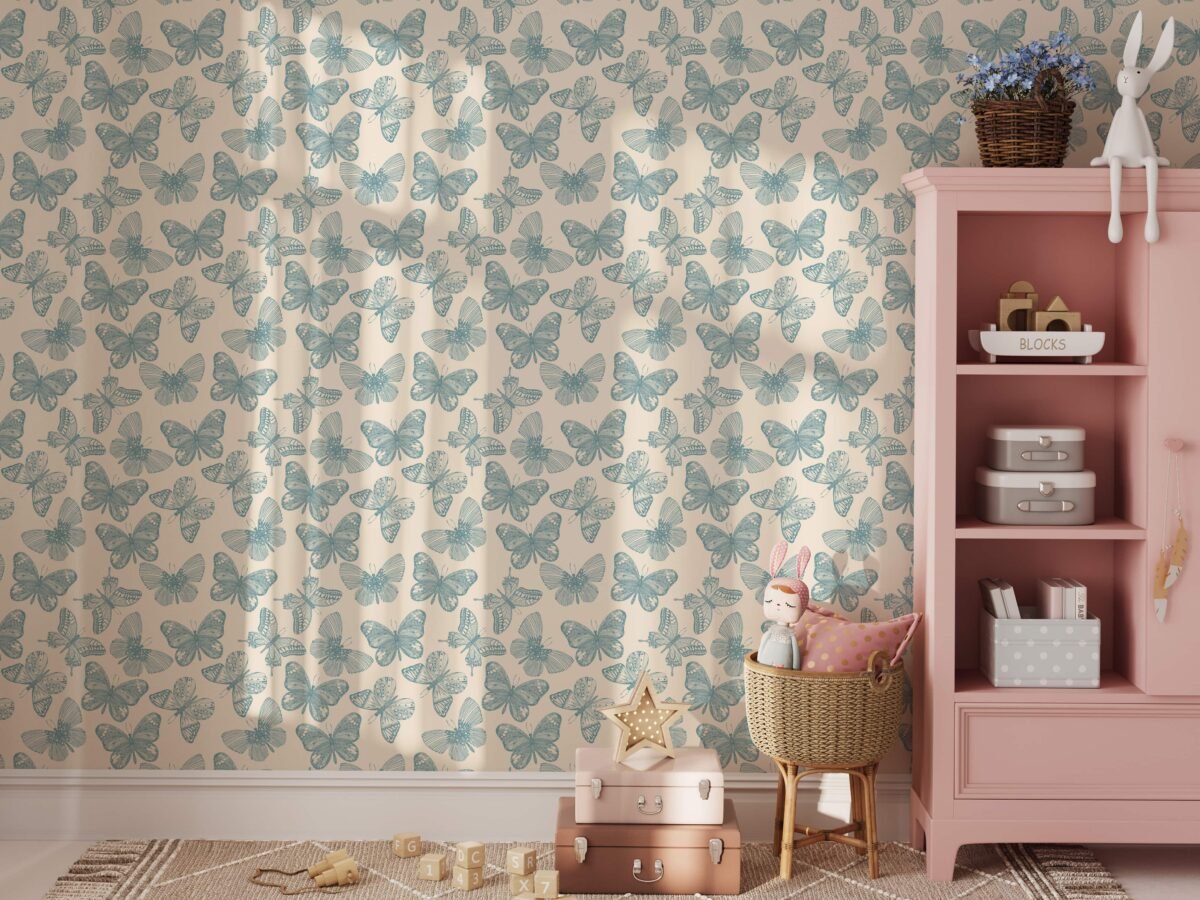 Whimsical Butterfly Wallpaper - Soft Blue Vintage Wallpaper - Image 5