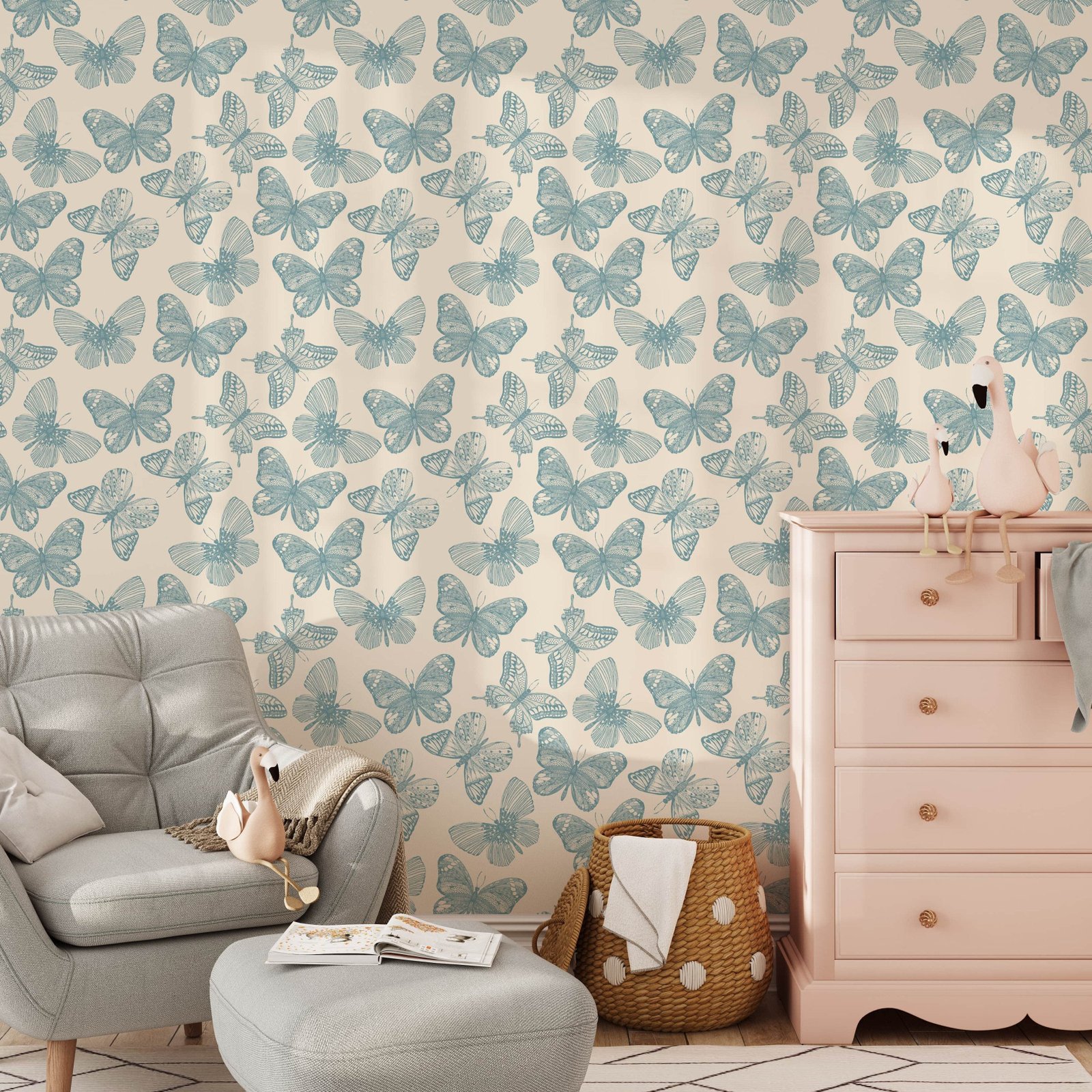 Whimsical Butterfly Wallpaper - Soft Blue Vintage Wallpaper - Image 3