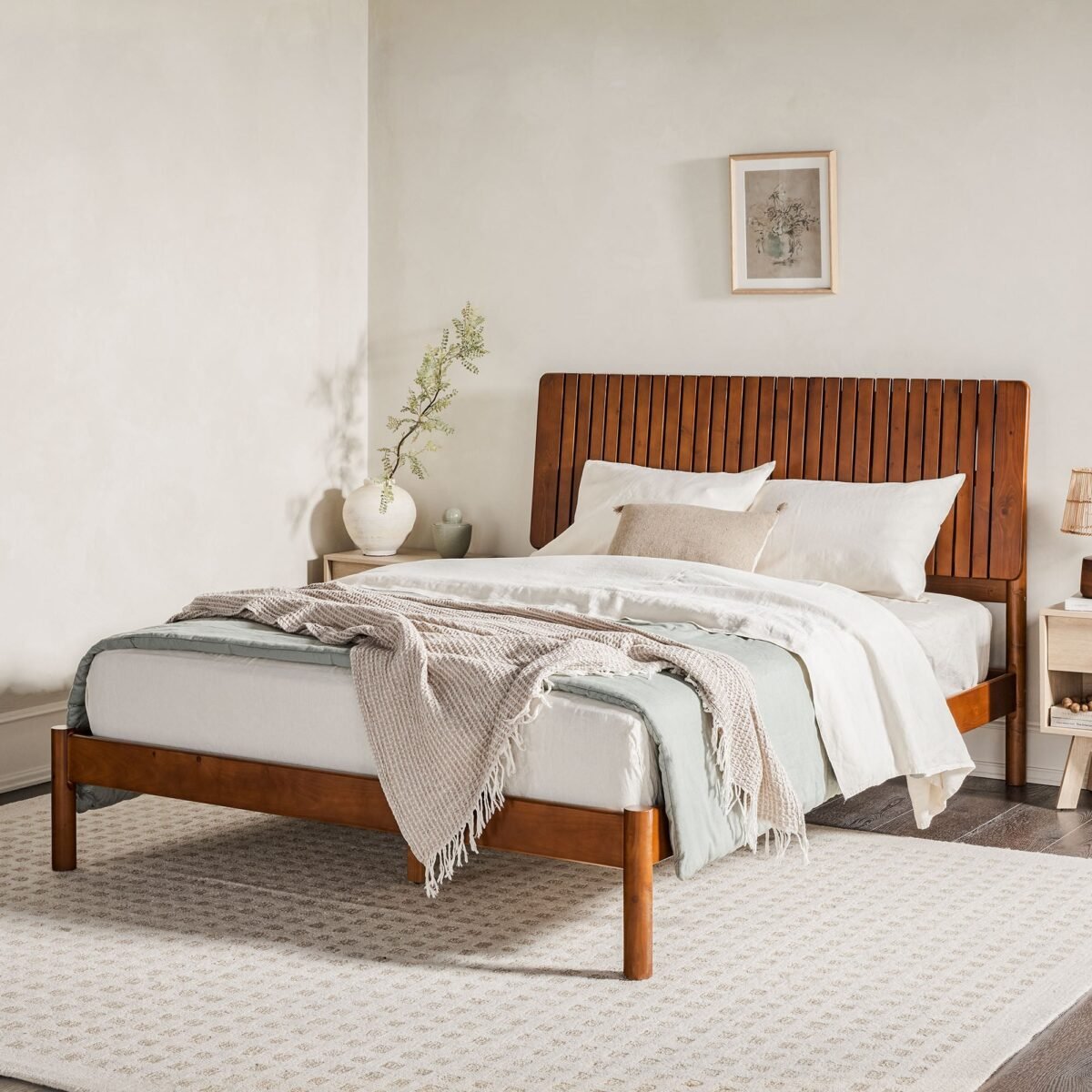 Cama Slatted Headboard Mid-Century Modern Solid Wood Bed - Image 1