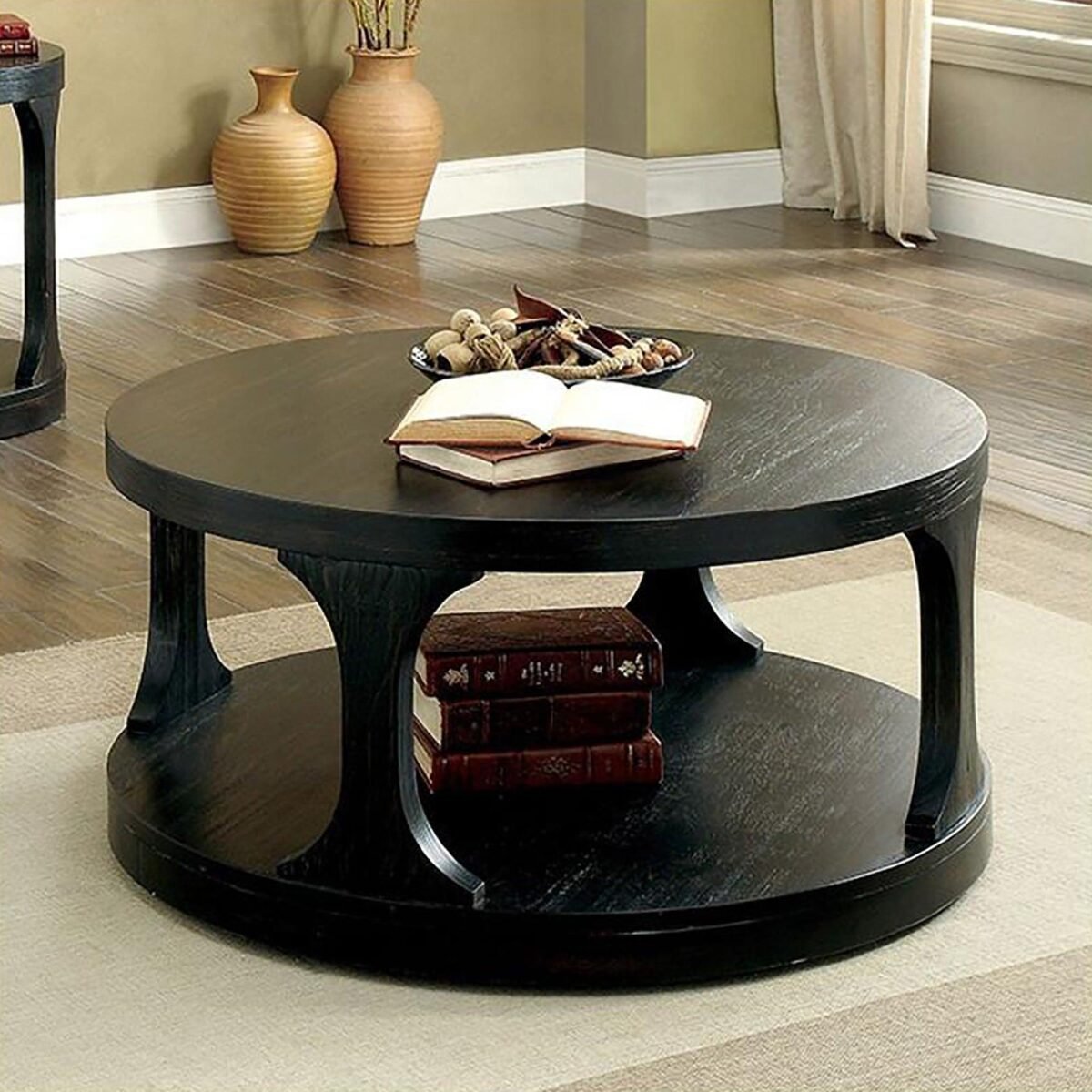 18"H Antique Black Round Structure Coffee Table with Open Shelf - Image 4