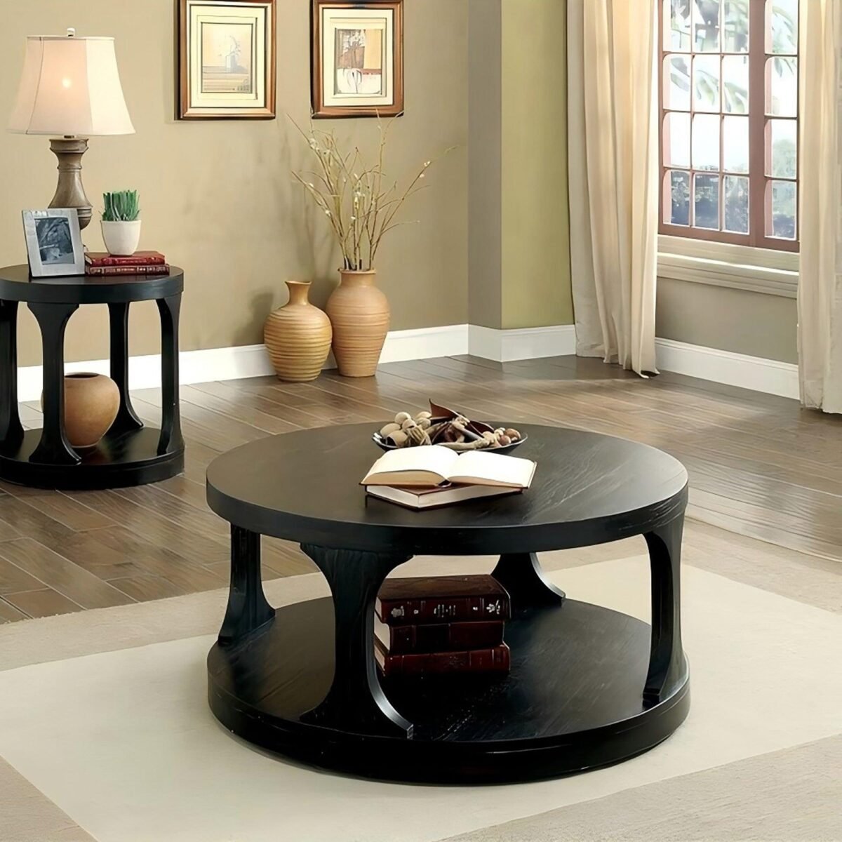 18"H Antique Black Round Structure Coffee Table with Open Shelf - Image 1