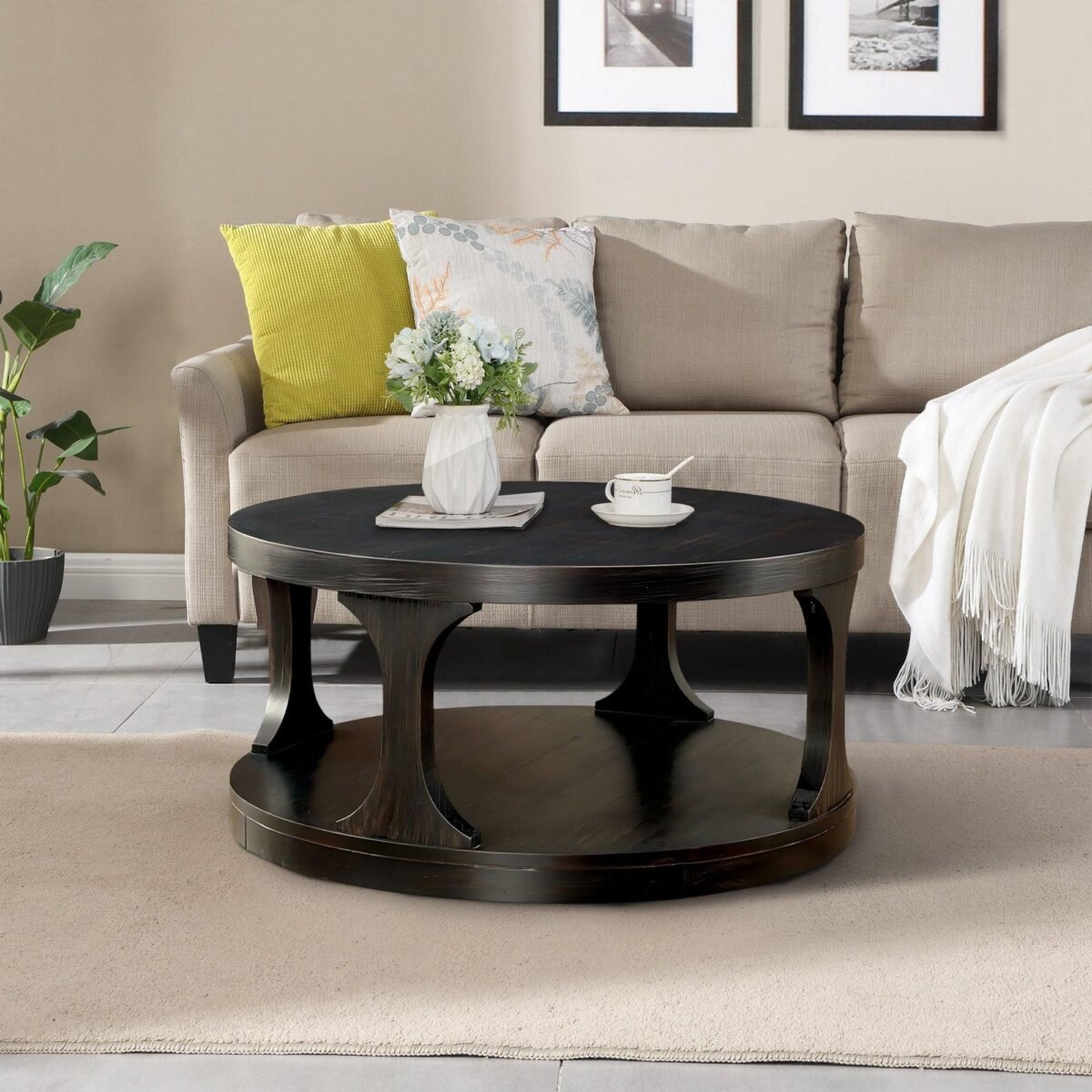 18"H Antique Black Round Structure Coffee Table with Open Shelf - Image 5