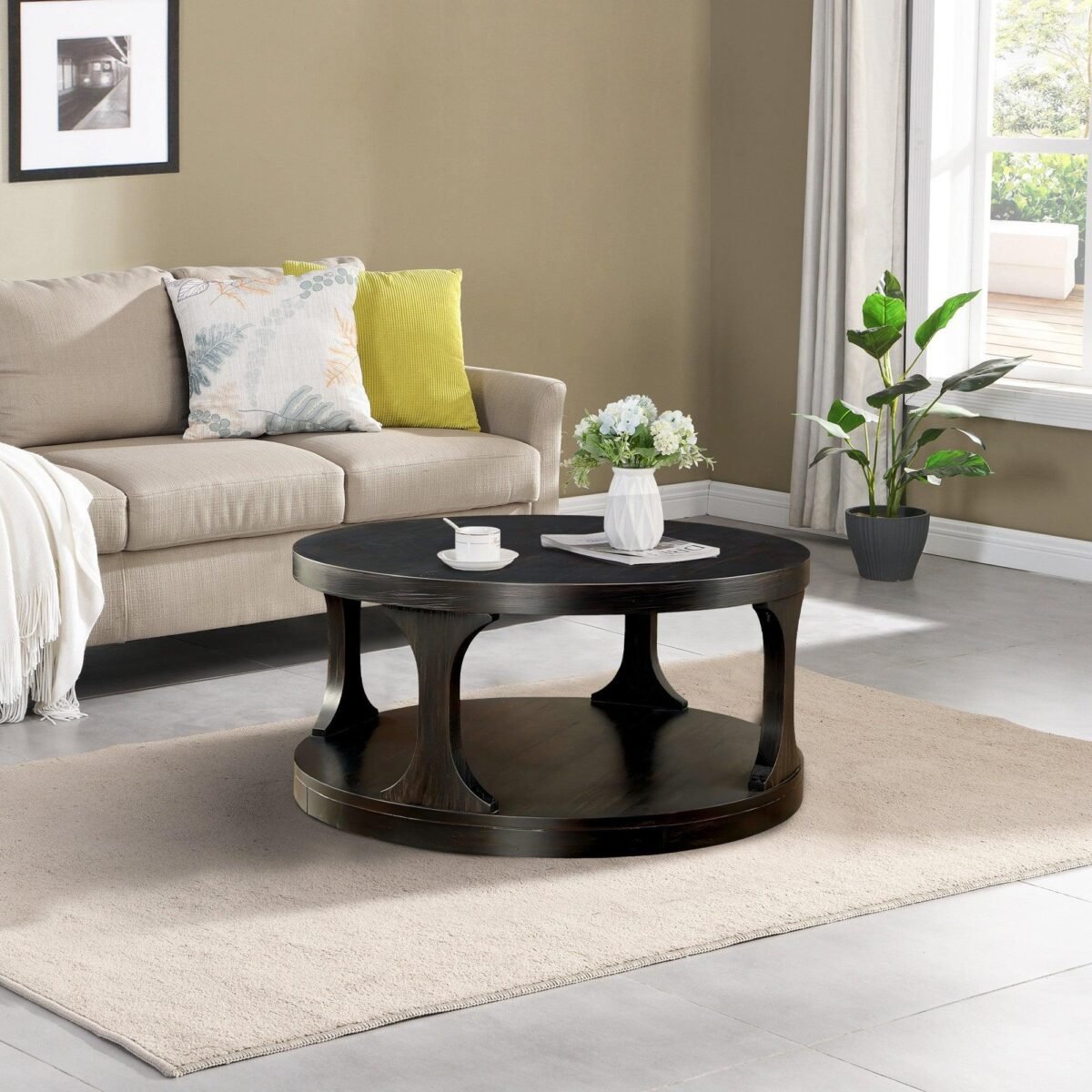18"H Antique Black Round Structure Coffee Table with Open Shelf - Image 6