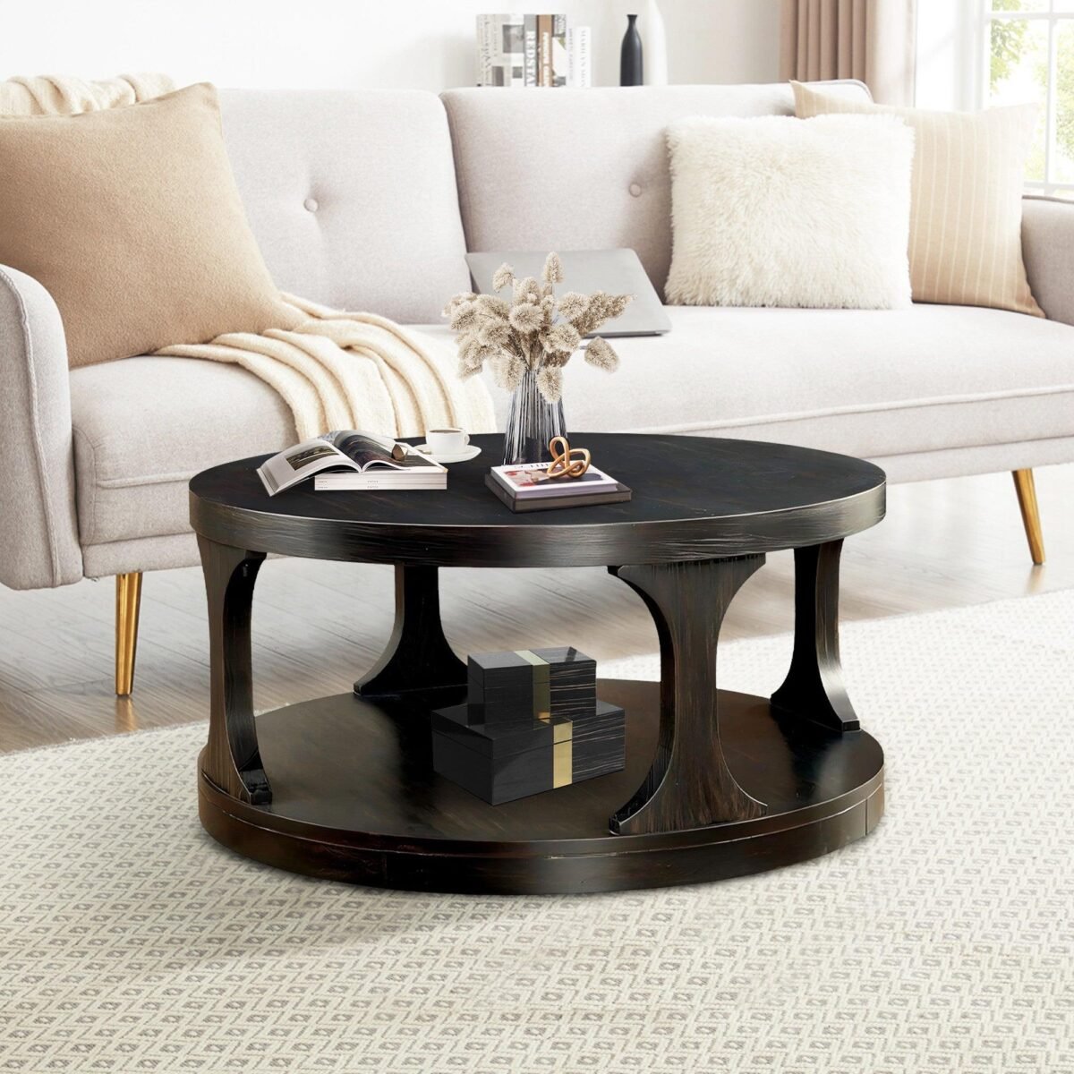 18"H Antique Black Round Structure Coffee Table with Open Shelf - Image 7