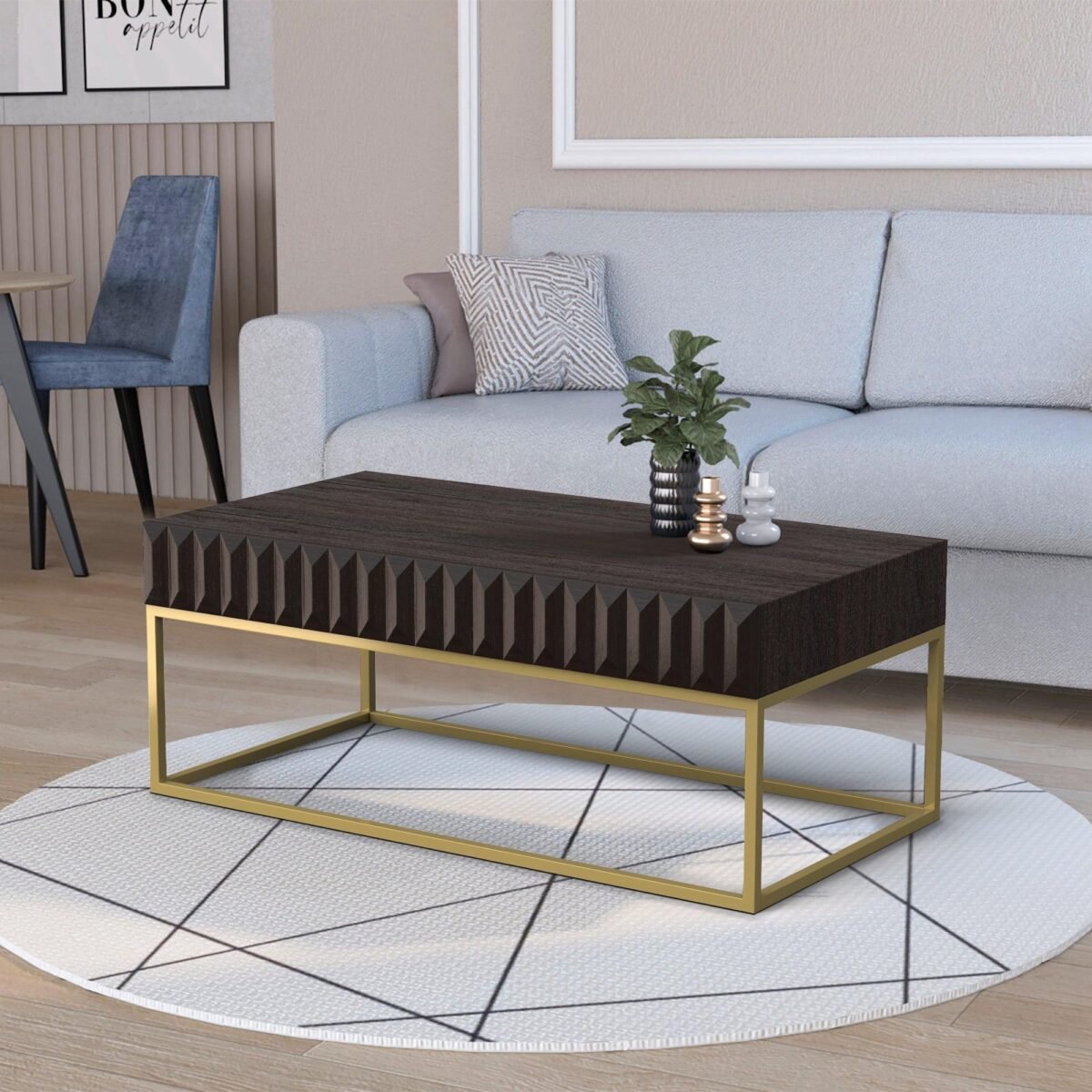 Walnut/Gold Textured Front Panels Coffee Table with Concealed Drawers - Image 5