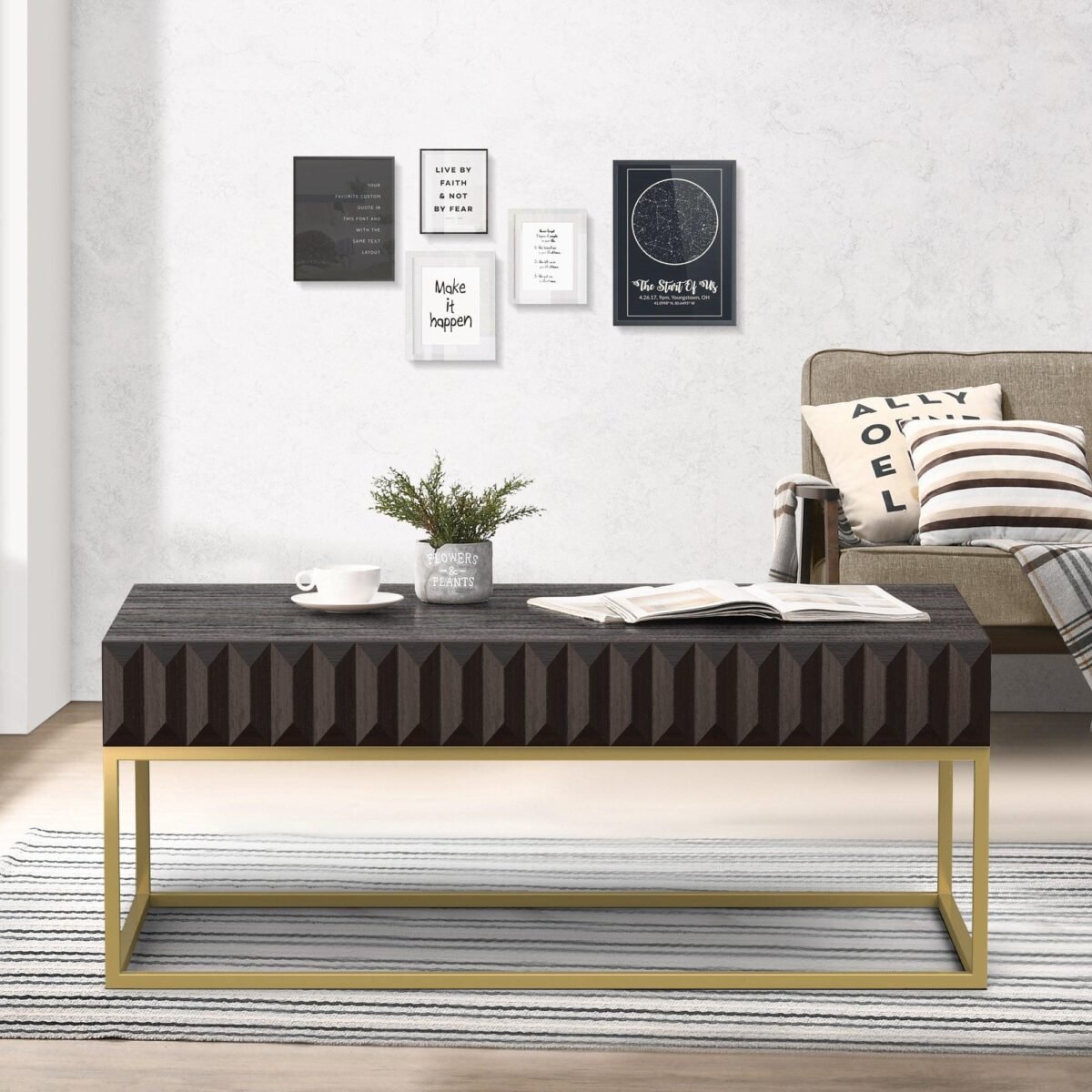 Walnut/Gold Textured Front Panels Coffee Table with Concealed Drawers - Image 6