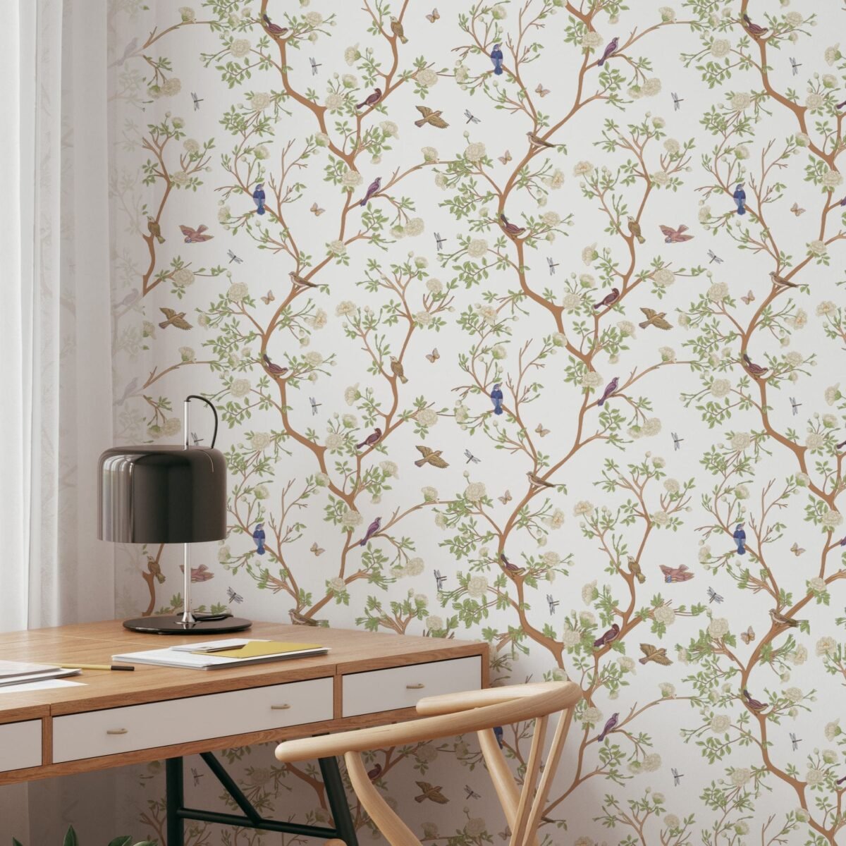 Vintage Chinoiserie Bird Wallpaper | Camellia Blossom Tree Wallpaper - Image 1