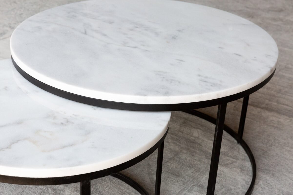 Carrara White Marble Nesting Coffee Table Round Set of 2 Polished - Image 7