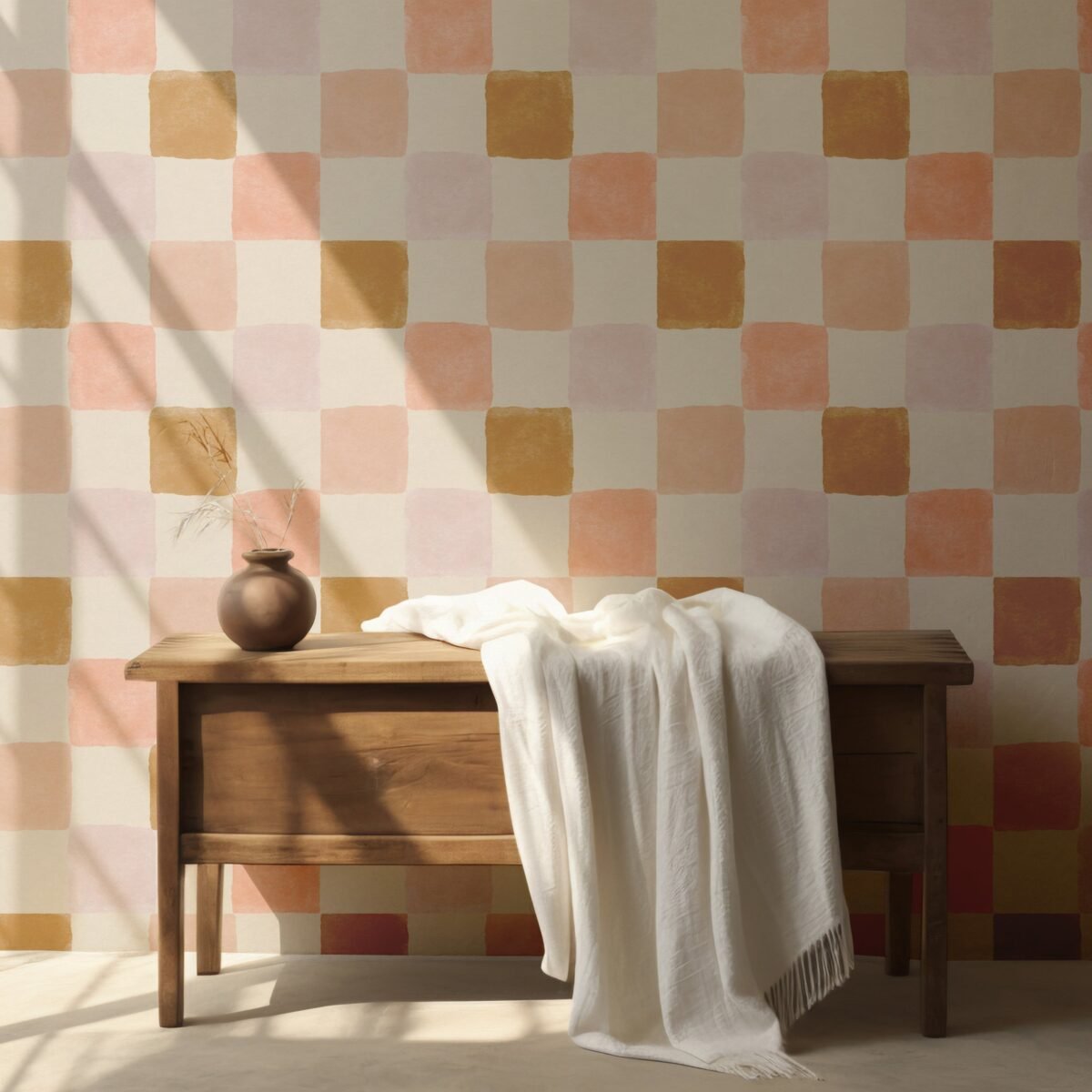 Artisan Checkered Wallpaper - Warm Terracotta and Mustard Tones - Image 1