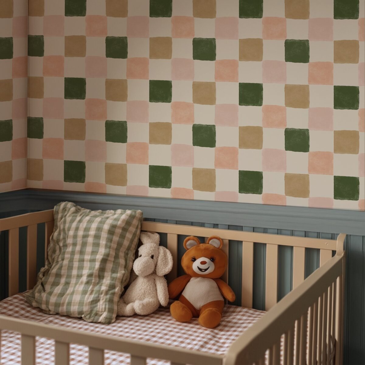 Warm Green and Pink Checker Wallpaper - Earthy & Pastel Tones - Image 1