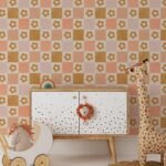 Retro Flower Checkered Wallpaper - Playful 60s Design in Warm Tones - Image 2