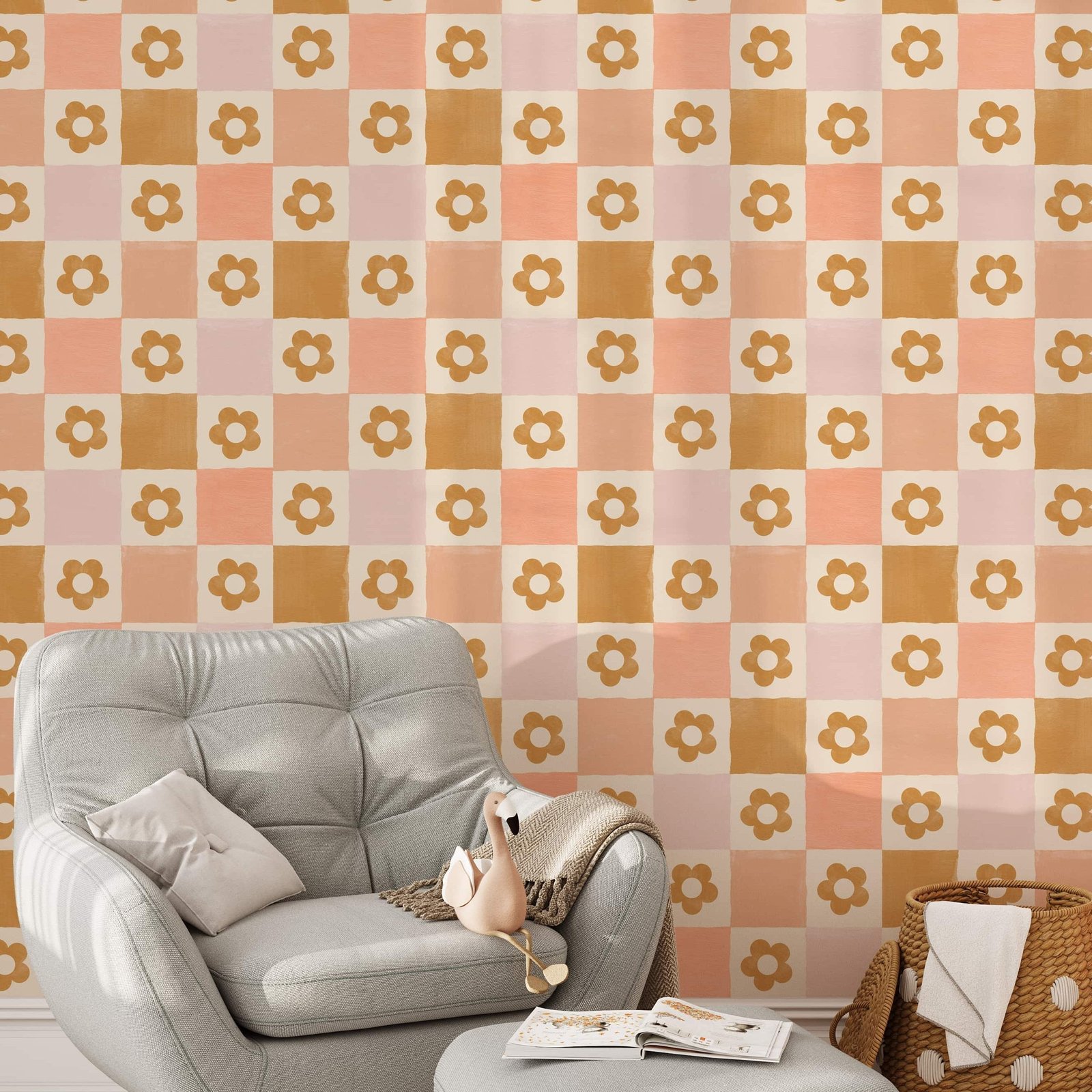Checkered_with_Flowers_7-min_f0fe1140-72fe-4614-b158-33e95734e321-1 Retro Flower Checkered Wallpaper - Playful 60s Design in Warm Tones - Image 1