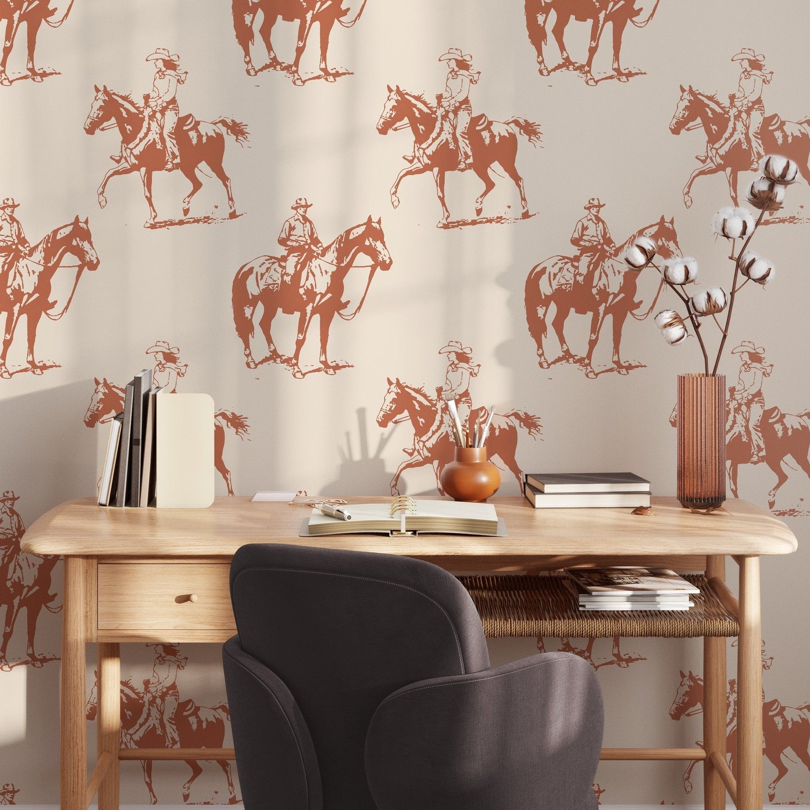 Cowboy_Cowgirlhorseridingwesternbohovintageillustrationearthybohoseamlesspattern8-min-1 Vintage Western Cowboy Wallpaper - Image 1